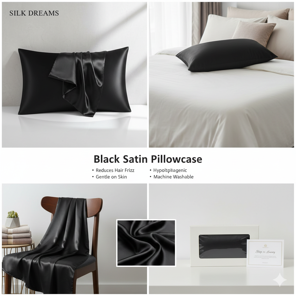 SATIN PILLOW CASE - BLACK - (PACK OF 2)